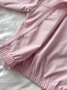 SHEIN 女童小女孩拼色條紋拉鍊外套配蝴蝶結、鬆緊腰長褲，復古套裝，日常穿著校園返校裝 - 藕粉色 - 查看 8