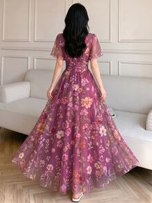 Modelyn 花卉水彩紮染印花半高領荷葉邊短袖法式長洋裝，百褶腰收身顯瘦，淡粉色網紗 - 彩色 - 查看 2