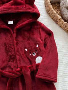 LMoss Kids 小男孩卡通熊刺繡法蘭絨連帽家居服，酒紅色收腰設計，柔軟毛絨面料，寬鬆版型，適合小男孩秋冬居家洗浴晨袍 - 彩色 - 查看 3