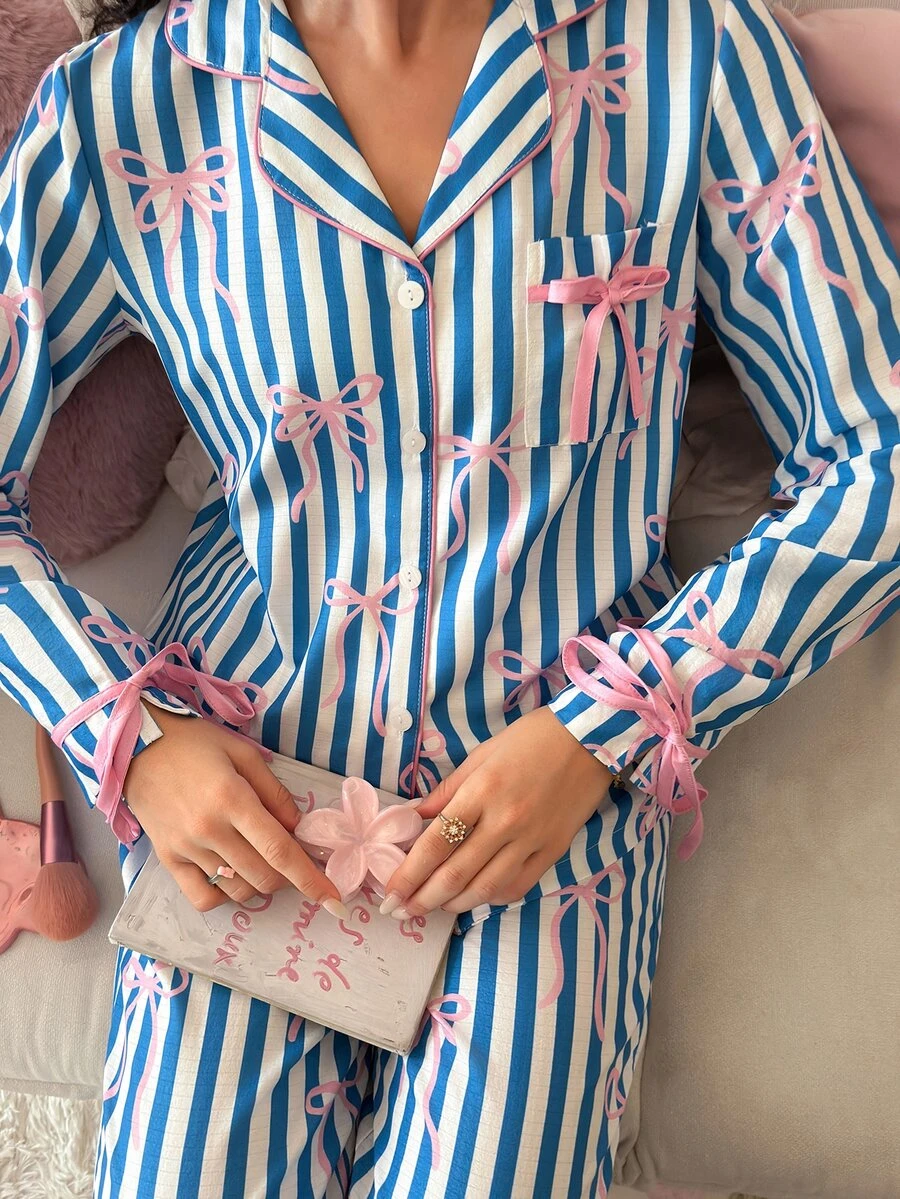 SweetSlumber Sweet Hot Girl Colorblock Striped Bow Puff Wrinkle Women's Pajama Set - Blue - View 1