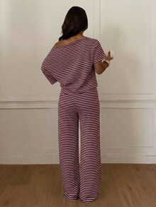 Siren Gaze Women's Striped One-Shoulder Top And Loose Pants Set - Burgundy - View 2