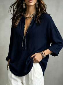 Linhara CURVE Plus Size Woven Casual Office-Style Autumn Shirt Fall - Navy Blue - View 3