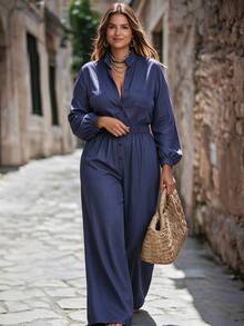 Linhara CURVE Plus Size ButtonFront Overall, Long Sleeve Elastic High Waist Loose Wide Leg Jumpsuit - Navy Blue - View 5