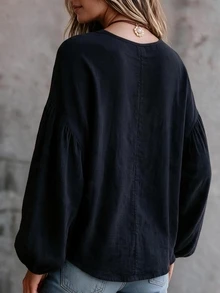 SHEIN LUNE CURVE Plus Size V-Neck Gathered Texture Cotton-Feel Blouse, Loose Lantern Elastic Cuffs Long Sleeve, Casual Vacation Style Ruched Shirt - Black - View 2