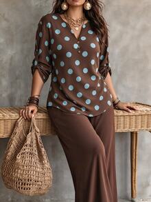 Weeklong Plus Size Polka Dot Raglan Sleeve Blouse & Wide Leg Pants Casual Set - Multicolor - View 5