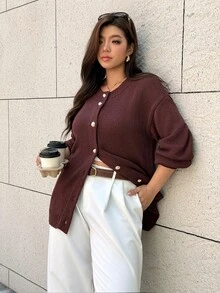 Easura Plus Size Brown & Gold Button Lantern Sleeve Cardigan Sweater, Casual Vintage Comfortable - Brown - View 1