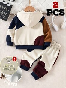 Young Boys Clothes Wave Color Block Chicago Letter Print Zip Up Hoodie Jacket And Jogger Pants Set Fall Winter Tracksuit 2Pcs Outfit - Multicolor - View 2