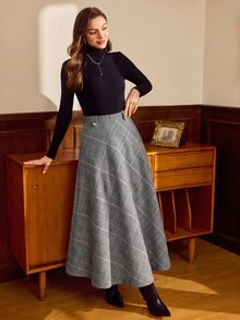 Vintamour 復古 1960s 70s 優雅女款格紋羊毛長裙，附口袋與鈕扣，休閒通勤辦公、茶會、工作、教師節適用，秋季棕色格紋 - 彩色 - 查看 7