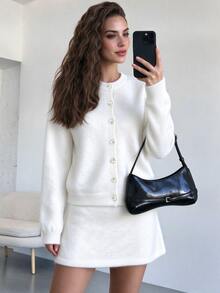 Autumina White Loose Casual Commute Minimalist Fashion Urban Round Neck Long Sleeve Cardigan And Short Skirt Knit Two Pieces Set For Women - White - View 4