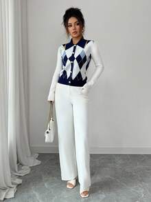 Elenzga Elegant Blue & White Argyle Pattern Turndown Collar Faux Placket Long Sleeve Knit Sweater, Suitable For Commuting And Everyday Wear, Autumn/Winter - Blue and White - View 6
