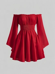 SHEIN Girlism 女童青少年純色露肩收腰梭織洋裝 - 紅色 - 查看 8