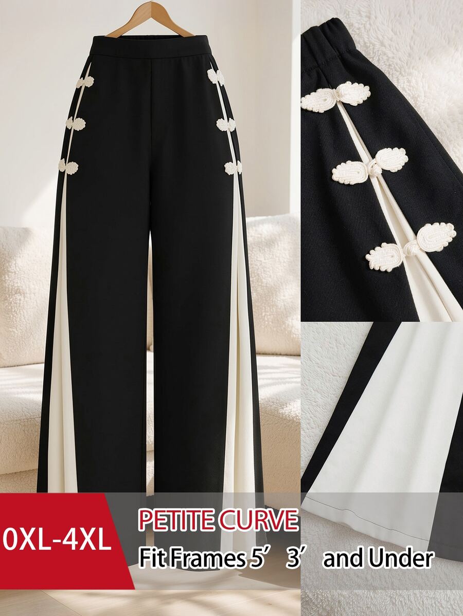 SHEIN PETITE CURVE Plus Size Black & White Color Block Patchwork Wide Leg Pants For Women, Side Button Slit High Waist - Black and White - View 1