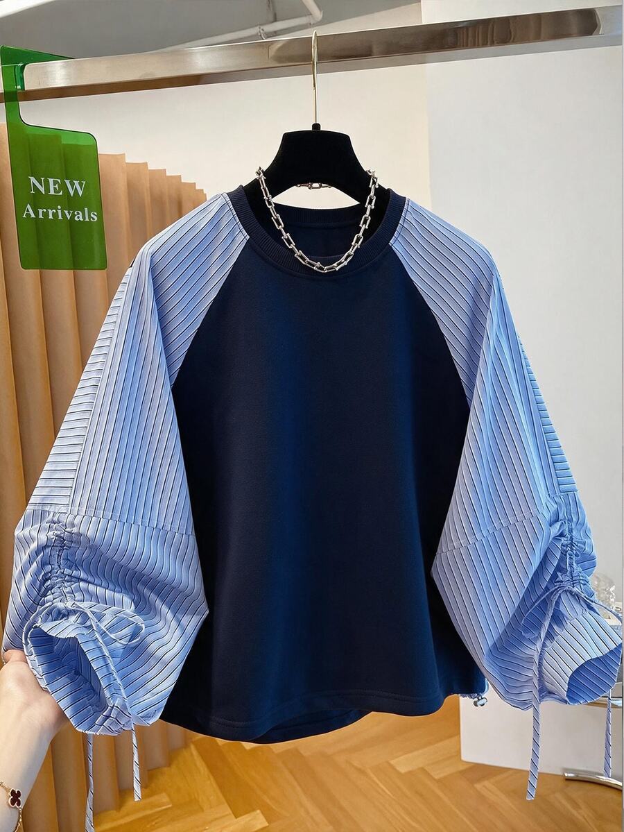 INAWLY Women's Patchwork Striped Raglan Long Sleeve Loose Casual Sweatshirt - Blue - View 1