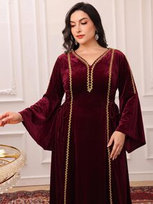 Al Najma Plus Size Women's Colorblock V-Neck Casual Party Arabian Dress - Burgundy - View 5