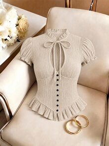 Firerie Lace-Up Hollow V-Neck Short Sleeve Top, Single-Breasted Ruched Waist Cropped Textured Sexy Romantic Elegant Blouse Brunch Date Brown Summer - Apricot - View 4