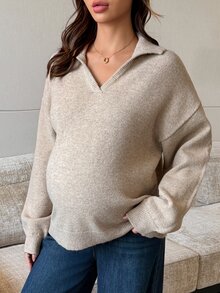 DAZY Solid Color Loose Fit Collared Long Sleeve Casual Vintage Korean Style Daily Autumn/Winter Thick Knit Sweater For Maternity - Khaki - View 3