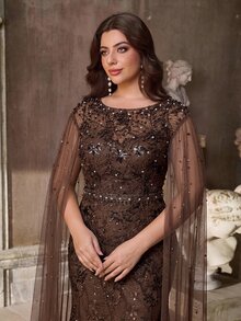 Aureia Plus Size Elegant Romantic Brown Luxury Boat Neckline Sequin Sequins Sequins Embellished Mesh Sleeve Mermaid Hem Heavy Work Evening Gown - Brown - View 3