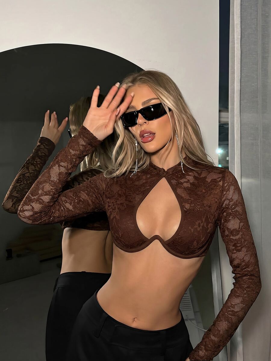 SHEIN ICON 女款性感蕾絲拼接鏤空短版上衣，夜店風黑色花卉夏季款 - 棕色 - 查看 1