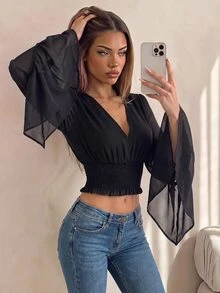 SHEIN ICON Women's Fashion Shirred Waist Mesh Top - Black - View 1