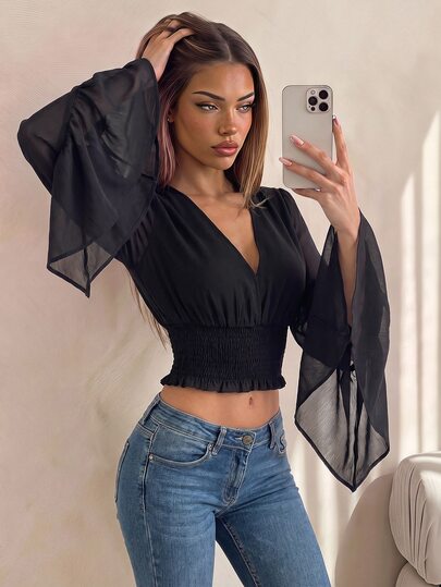 SHEIN ICON Women's Fashion Shirred Waist Mesh Top