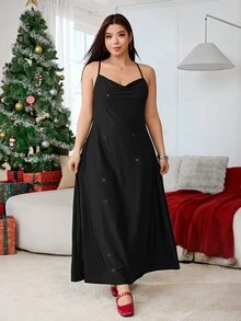 Solflare Plus Size Women's Solid Color Casual Party Spaghetti Strap Dress - Black - View 3