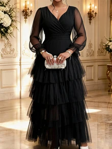 Fleurora Plus Size Autumn Elegant Solid Color Mesh Patchwork Tiered Dress - Black - View 1