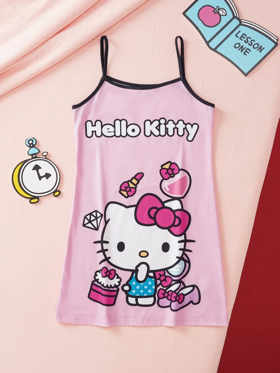 HELLO KITTY AND FRIENDS | SHEIN فستان نوم بحمالات رفيعة بطبعة كرتونية وحروف كاجوال للارتداء اليومي والمنزلي للفتيات المراهقات - متعدد الألوان - مشاهدة 1