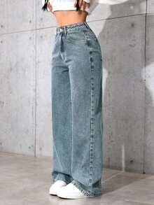 SHEIN 青少年女孩休閒日常牛仔褲，附口袋與鈕扣 - 淺色水洗藍 - 查看 3
