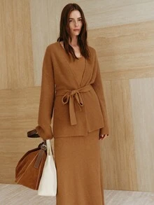 MOTF PREMIUM WOMEN'S LOOSE WOOL SWEATER CARDIGAN WITH TIE CLOSURE, CASUAL AUTUMN/WINTER OUTERWEAR - Camel - View 8