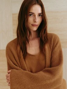 MOTF PREMIUM WOMEN'S LOOSE WOOL SWEATER CARDIGAN WITH TIE CLOSURE, CASUAL AUTUMN/WINTER OUTERWEAR - Camel - View 2