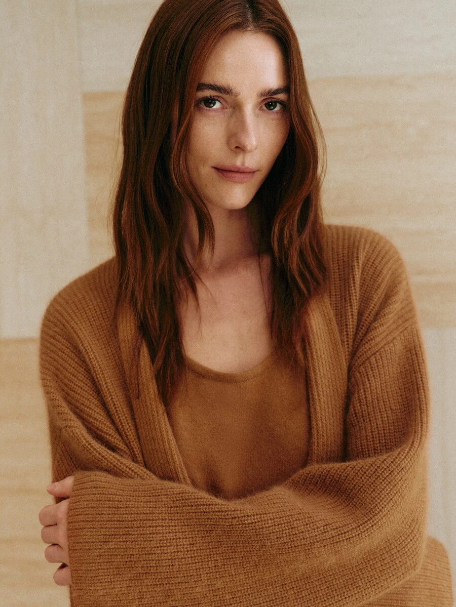 MOTF PREMIUM WOMEN'S LOOSE WOOL SWEATER CARDIGAN WITH TIE CLOSURE, CASUAL AUTUMN/WINTER OUTERWEAR - Camel - View 2