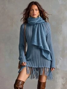 Solivie Women's Autumn/Winter Blue Tassel Sweater Top, Versatile - Blue - View 1