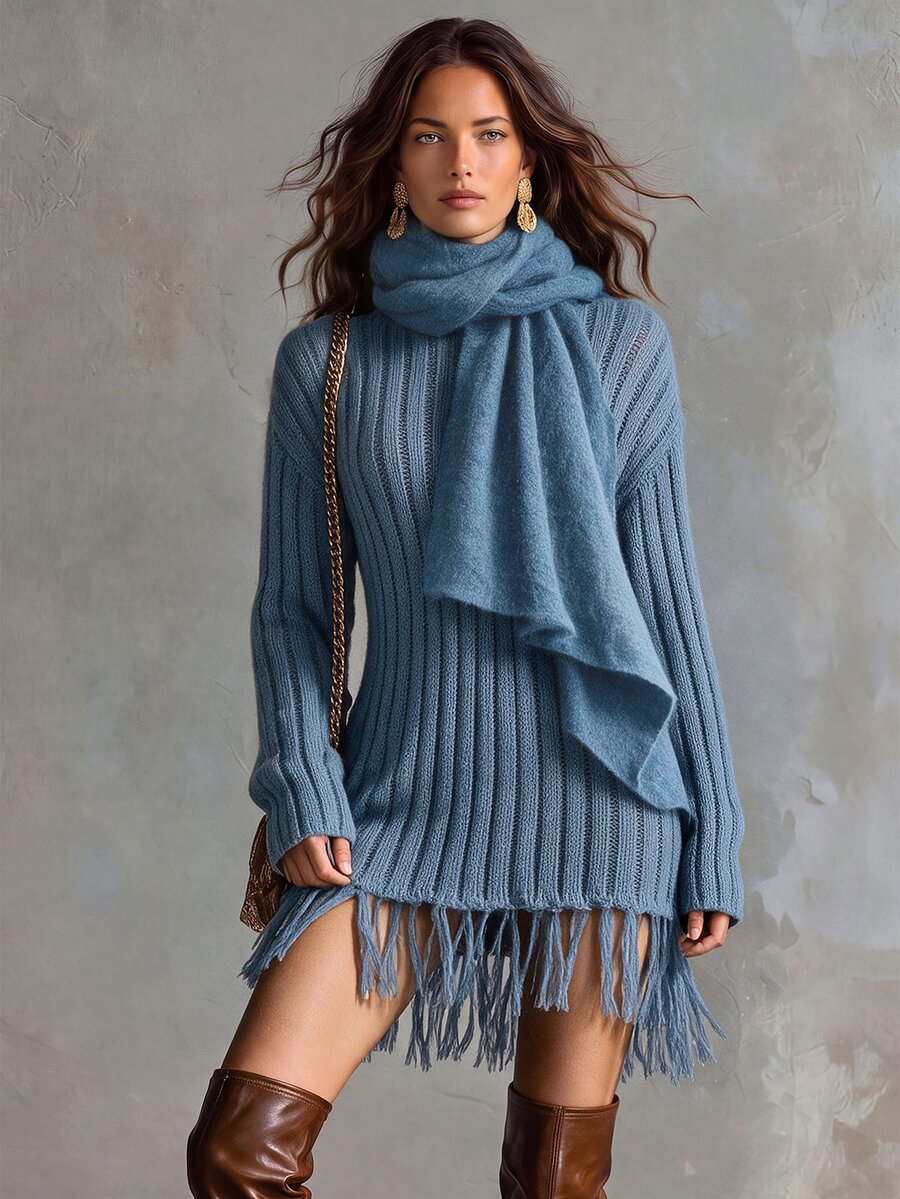 Solivie Women's Autumn/Winter Blue Tassel Sweater Top, Versatile - Blue - View 1