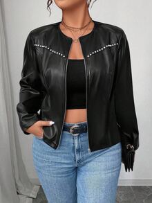 SHEIN PETITE CURVE جاكيت PU كلاسيكي متعدد الاستخدامات للنساء بمقاسات كبيرة، سلسلة صغيرة الحجم ملابس الخريف والشتاء للنساء - الأسود - مشاهدة 5