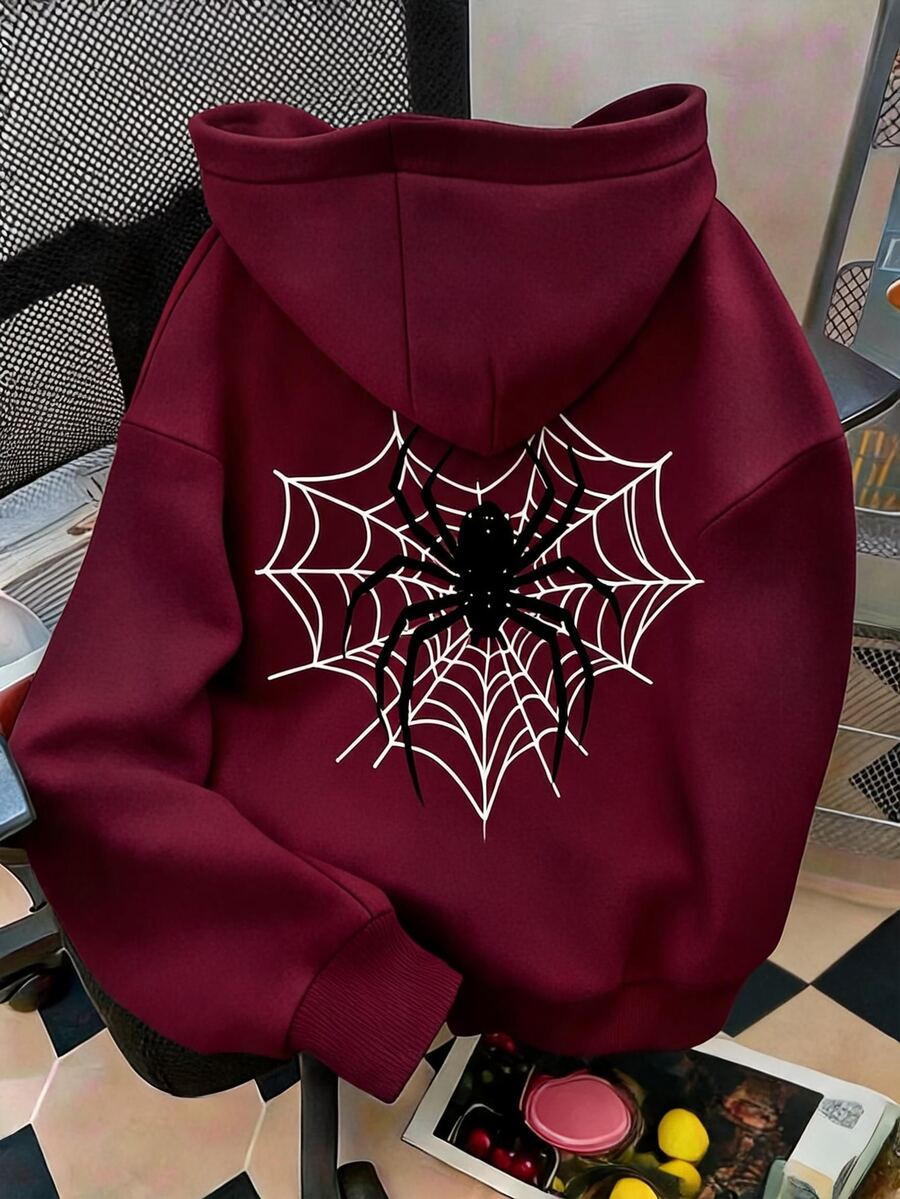 Tween Girls Spider Web Pattern Burgundy Zip-Up Sweatshirt, Red Long Sleeve Gothic Style Halloween Hooded Jacket, Suitable For Spring, Autumn And Winter - Multicolor - View 1