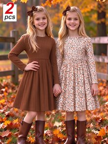 SHEIN Vintaside Kids 少女 2件組純色棕色與奶油色喇叭裙，優雅對比羅紋上衣刺繡公主洋裝，適合感恩節秋季穿著 - 彩色 - 查看 3