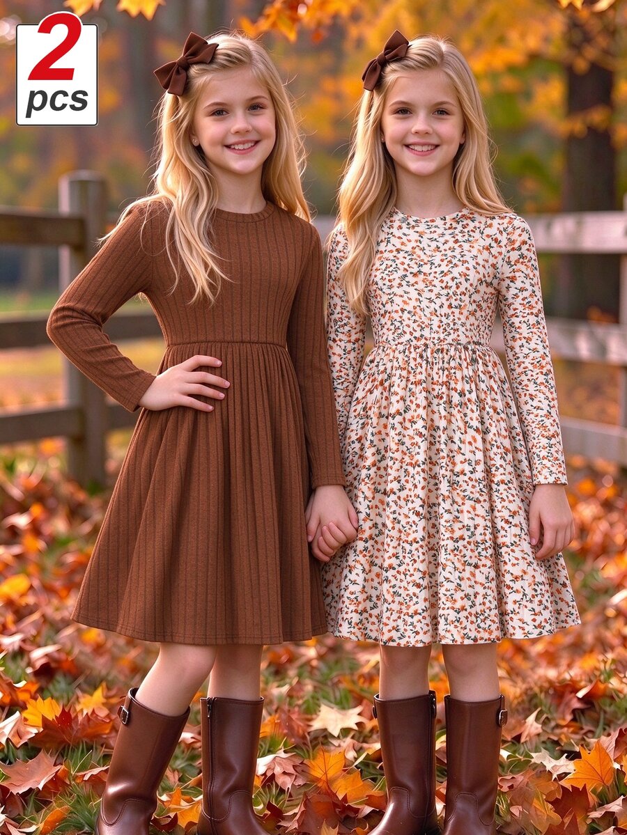 SHEIN Vintaside Kids Gaun Anak Perempuan Remaja 2 Potong Warna Cokelat dan Krem Polos Model Mengembang, Atasan Bergaris Kontras Elegan dengan Bordir, Gaun Putri untuk Acara Thanksgiving dan Musim Gugur - MultiWarna - View 1