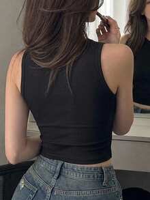 DAZY 女款素色鏤空修身百搭日常穿著上衣 Y2K - 黑色 - 查看 3