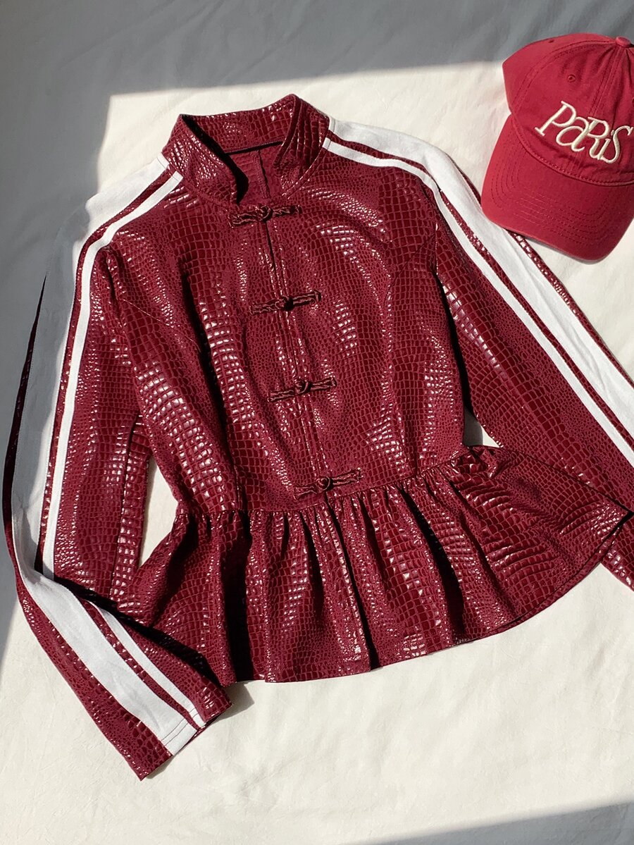 Comfortcana Women's Side Stripe Button Placket Ruffle Hem Regular Jacket - Red - View 1
