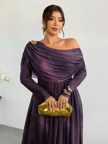 Firerie 大尺碼女款紮染不對稱肩褶皺長袖時尚優雅洋裝 秋冬優雅派對洋裝 - 紫羅蘭色 - 查看 1