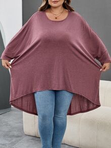 SHEIN CURVE+ 大尺碼女款寬鬆蝙蝠袖不對稱下擺圓領純色彈性舒適休閒夏季上衣，適合秋冬 - 酒紅色 - 查看 4