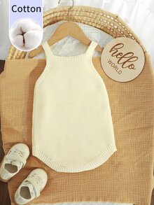 SHEIN Infant Cami Sweater Romper Hello World Letter Embroidery Knit Camisole Newborn Commemorative Outfit Minimalist Baby Clothing - Beige - View 2