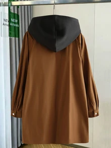 Linhara Plus Size Women's Spring/Autumn Solid Color Contrast Hooded Open Front Zipper Dual Pocket Loose Mid-Length Casual Commute Daily Long Sleeve Windbreaker Jacket - Khaki - View 2