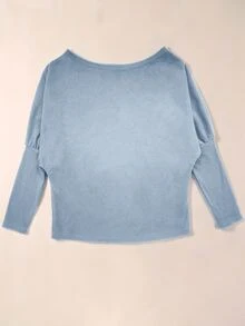 SHEIN LUNE 女款春夏純色不對稱領蝙蝠袖長袖寬鬆休閒T恤秋季女裝 - 藍色 - 查看 2