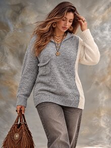 Roveilla Plus Size Women's Colorblock Pocket Hooded Long Sleeve Sweater - Multicolor - View 6