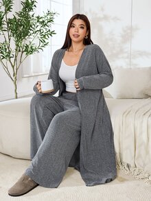 Solflare Plus Size Minimalist Camisole, Loose Pants And Long Sleeve Cardigan 3 Pieces Set - Light Grey - View 6