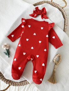 SHEIN Bộ 2 món jumpsuit dài tay có chân cho trẻ sơ sinh kèm băng đô, vải dệt kim, phong cách dễ thương, mặc quanh năm, họa tiết in kỹ thuật số hoa đáng yêu - Đỏ - Xem 2