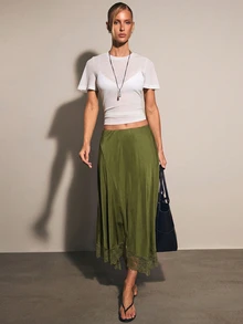 COSMINA Women's Solid Color Contrast Lace Asymmetrical Hem Elegant Midi Skirt Lace-Trimmed Long Skirt Fall Clothes Christmas Skirt Green Skirt - Dark Green - View 3