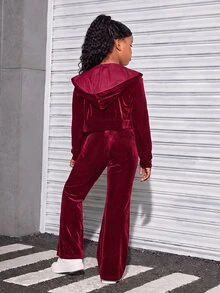 SHEIN 女童天鵝絨連帽開襟衫與長褲運動休閒套裝 - 紅色 - 查看 2