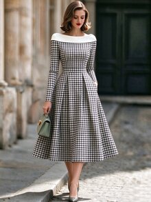 RosyDaze 2026 Fall Winter Women French QuietLuxury Elegant Houndstooth Midi Dress OffShoulder Contrast Collar Long Sleeve ALine Dress With Pockets Versatile - Black and White - View 6